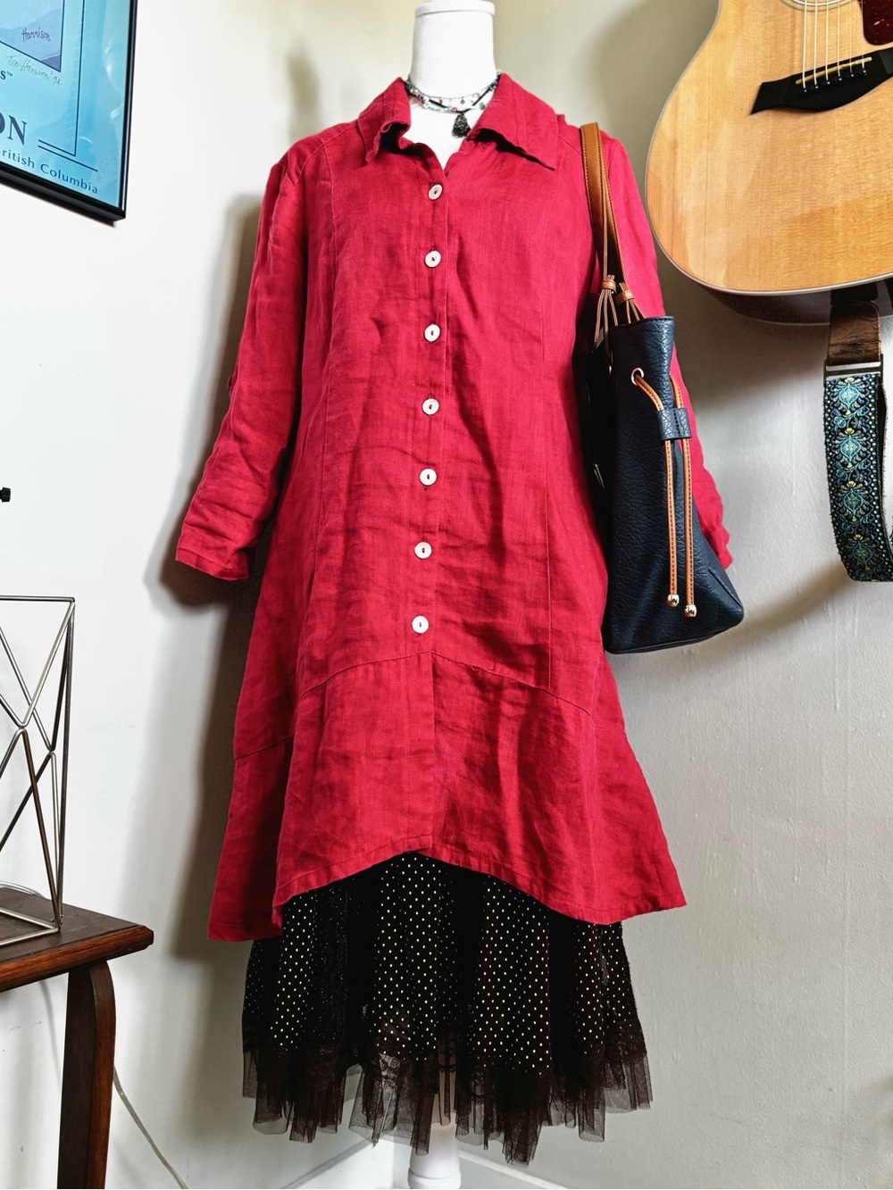 Flowy Lagenlook Coral/Red Italian Linen-like Shirt Dress/Tunic
